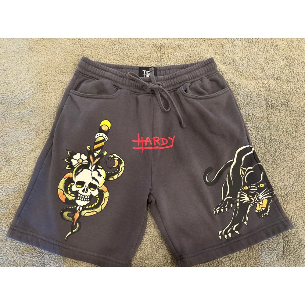 Ed Hardy Mens Tattoo Art Sweat Shorts Grey Skull Panther #Y2K #90s #streetwear